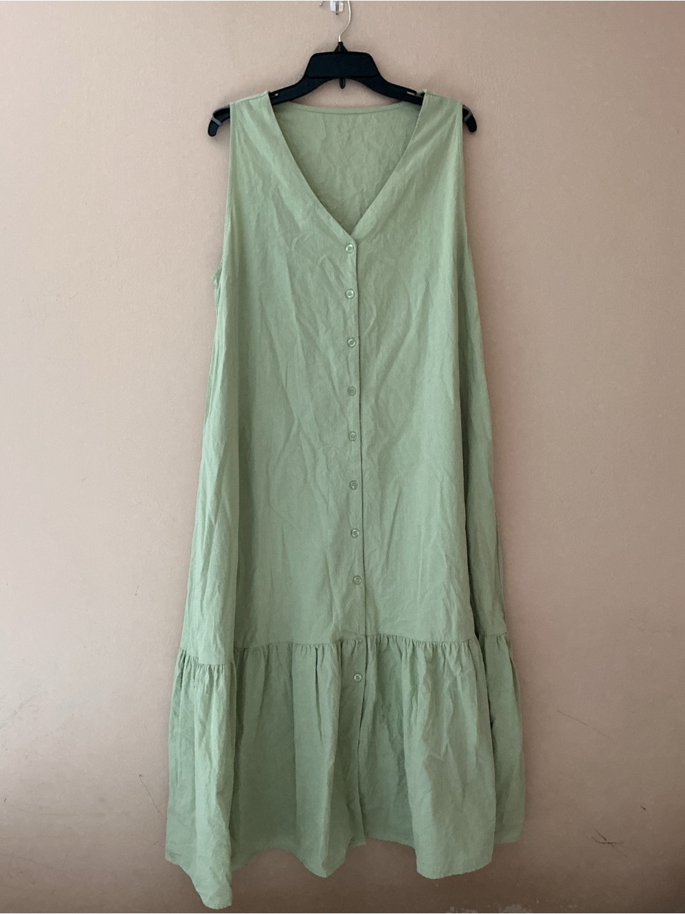 Sleeveless 100% Cotton V-Neck Button-Front Maxi Dress in Mint Green